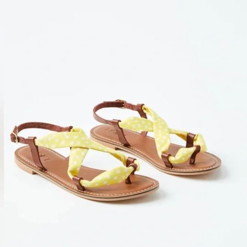 NWOB Loft Sandals Womens 7 M Yellow Polka Dot Fabric Leather Thong Strappy
